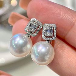 Baguette Cut White Sapphire & Pearl Drop Earrings For Women