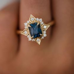 Unique Halo Radiant Cut Blue Sapphire Engagement Ring 
