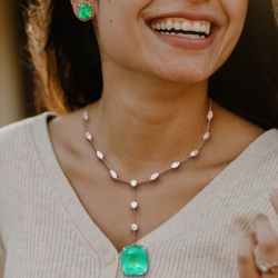 Emerald Cut Emerald Pendant Necklace & Stud Earrings Set