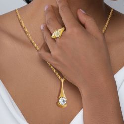 Golden Oval Cut Engagement Ring & Pendant Necklace Set