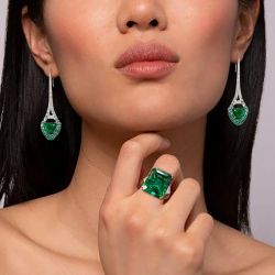Emerald Color Engagement Ring & Drop Earrings Set