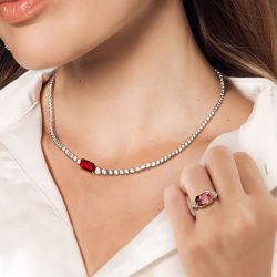 Emerald Cut Ruby Engagement Ring & Pendant Necklace Set 