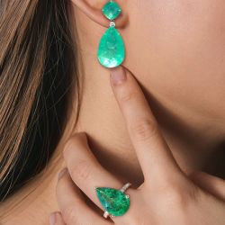 Pear Cut Emerald Color Drop Earrings & Engagement Ring Set