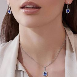 Halo Blue Sapphire Drop Erarings & Pendant Necklace Set