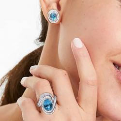 Halo Oval Cut Aquamarine Stud Earrings & Engagement Ring Set