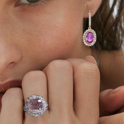 Halo Pink Sapphire Drop Earrings & Engagement Ring Set