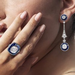 Blue & White Sapphire Engagement Ring & Drop Earrings Set