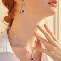 Halo Pear Cut Ruby Drop Earrings & Pendant Necklace Set