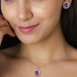 Halo Purple Sapphire Stud Earrings & Pendant Necklace Set