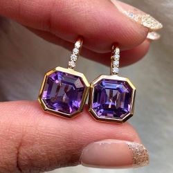 Golden Bezel Asscher Cut Purple Sapphire Drop Earrings