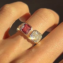 Emerald & Radiant Cut Red & White Sapphire Engagement Ring