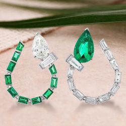 Pear & Baguette Cut Emerald & White Sapphire Stud Earrings