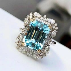 Two Tone Halo Emerald & Pear Cut Aquamarine Engagement Ring