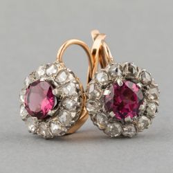 Cute Two Tone Halo Round Cut Ruby Drop Earrings For Women