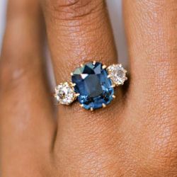 Golden Three Stone Cushion Cut Blue Sapphire Engagement Ring
