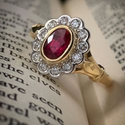 Two Tone Halo Oval Cut Ruby Sapphire Engagement Ring