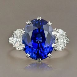 Three Stone Oval Cut Blue Sapphire Engagement Ring