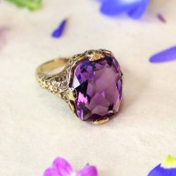 Vintage Golden Cushion Cut Purple Sapphire Engagement Ring