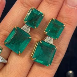 Two Tone Asscher Cut Emerald Sapphire Drop Earrings