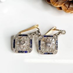 Two Tone Round Cut Blue & White Sapphire Drop Earrings