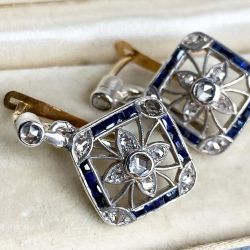 Art Deco Two Tone Round Cut Blue & White Sapphire Drop Earrings