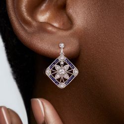 Art Deco Two Tone Round Cut Blue & White Sapphire Drop Earrings