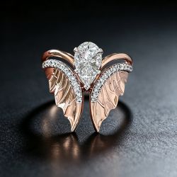 Two Tone Wings Design White Sapphire Pear Cut Engagement Ring