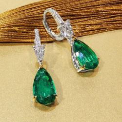 Two Tone Pear Cut Emerald & White Sapphire Drop Earrings