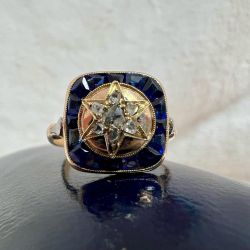 Unique Halo Round Cut White & Blue Sapphire Engagement Ring