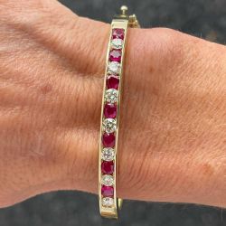 Golden Round Cut White & Ruby Sapphire Bangle Bracelet