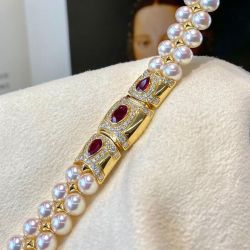 Golden Oval Cut Ruby Sapphire & Pearl Tennis Bracelet