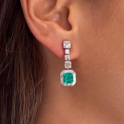 Halo Asscher Cut Emerald & White Sapphire Drop Earrings