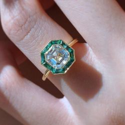 Golden Halo Asscher Cut White & Emerald Engagement Ring