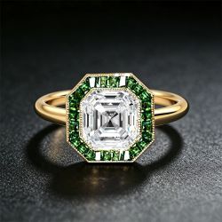 Golden Halo Asscher Cut White & Emerald Engagement Ring