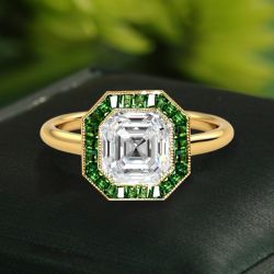 Golden Halo Asscher Cut White & Emerald Engagement Ring