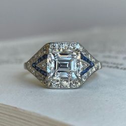 Vintage Halo Emerald Cut White Sapphire Engagement Ring