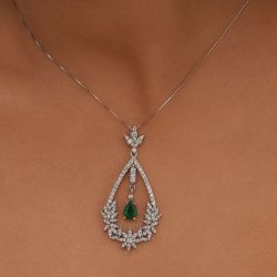 Halo Pear Cut Emerald & White Sapphire Pendant Necklace