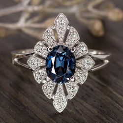 Art Deco Split Shank Oval Cut Blue Sapphire Engagement Ring