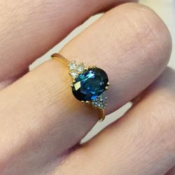 Golden Oval Cut Blue & White Sapphire Engagement Ring