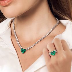 Heart Cut Emerald Engagement Ring & Pendant Necklace Set