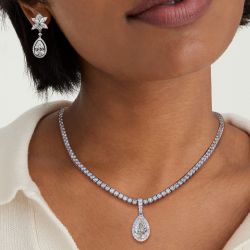 Elegant Halo Pear Cut Drop Earrings & Pendant Necklace Set