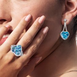 Heart Cut Aquamarine Drop Earrings & Engagement Ring Set