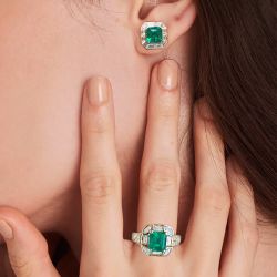Golden Halo Emerald Stud Earrings & Engagement Ring Set
