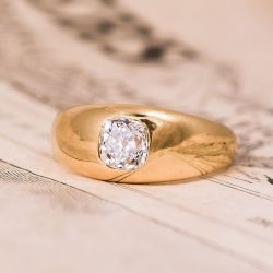 Golden Flush Setting Solitaire Cushion Cut Engagement Ring