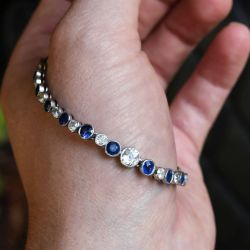 Round Cut White & Blue Sapphire Tennis Bracelet For Women