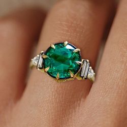 Two Tone Round Cut Emerald & White Sapphire Engagement Ring