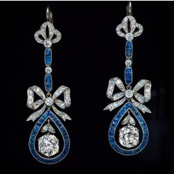Bow Design Round Cut White & Blue Sapphire Drop Earrings