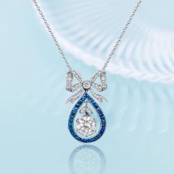 Art Deco Bow Design Round Cut White & Blue Sapphire Pendant Necklace