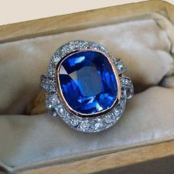 Two Tone Halo Cushion Cut Blue Sapphire Engagement Ring