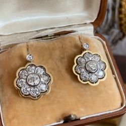 Two Tone Halo Flower Design Round Cut Drop Earrings